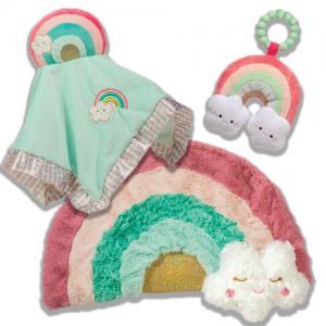 Rainbow baby snuggler gifts! Teether, blankie and satin trimmed lovey!